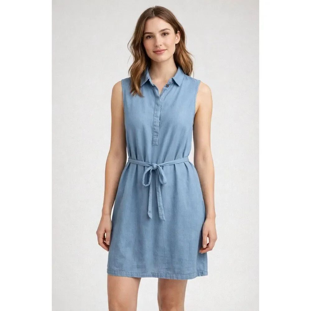 Banana Republic Blue Sleeveless Tie Waist Shirt Dress Size 8